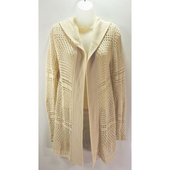 Vintage Y2K Crochet Roxy Boho Artsy Hooded Mid Length Cream Cardigan Size M - Picture 1 of 9